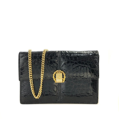 CELINE C Logo Crocodile Embossed Leather Chain Shoulder bag Black Vintage cxfmtw