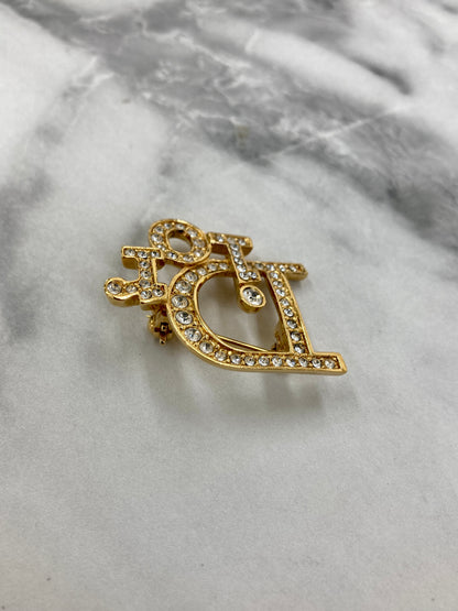 Christian Dior CD Logo Rhinestone Brooch Gold Vintage 2rmdvm