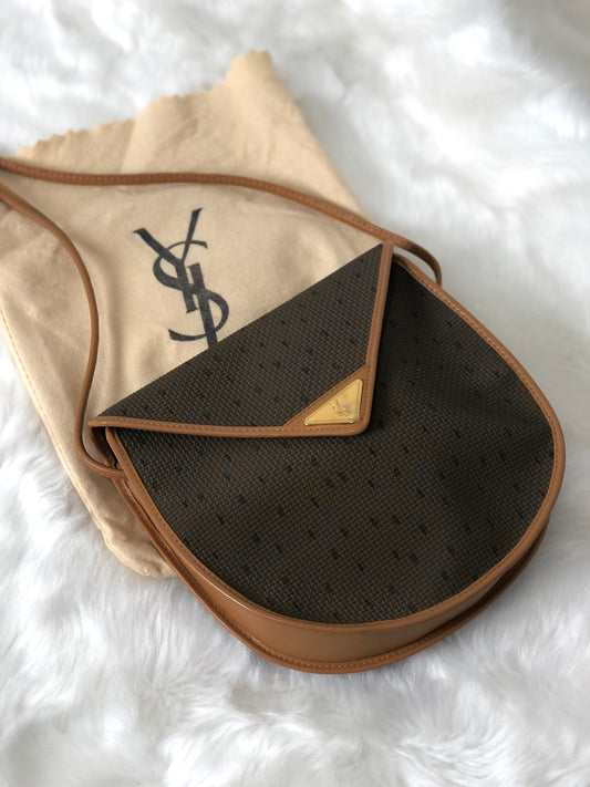 Yves Saint Laurent YSL Logo Round Shoulder bag Brown Vintage 4swhva