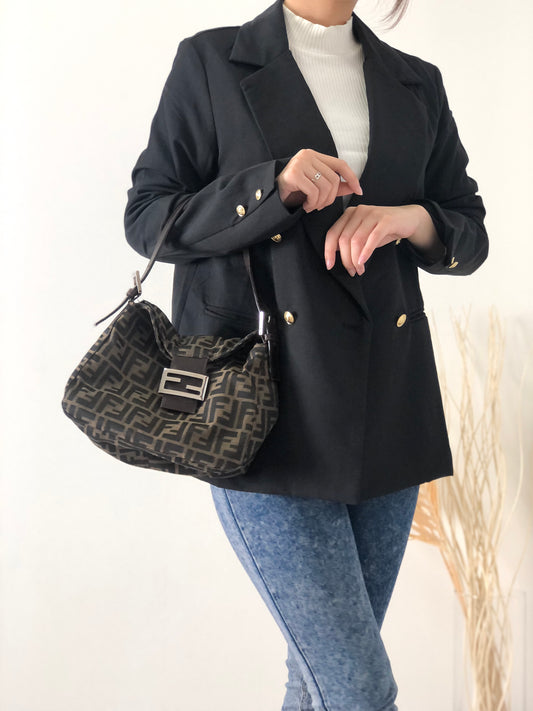 FENDI Mamma Baguette Jacquard Leather Shoulder bag Hobobag Brown Vintage cjc3nx
