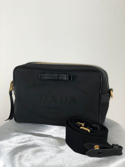 PRADA Logo Ribbon Canvas Leather Crossbody Shoulder bag Black Vintage smkdzd
