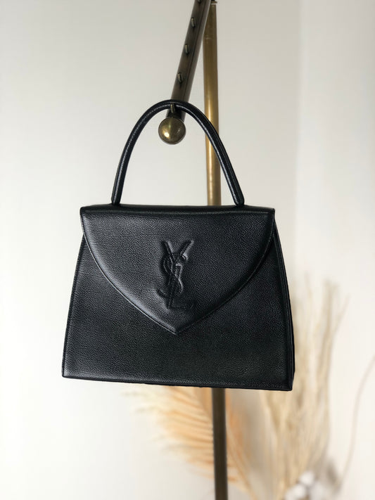 Yves Saint Laurent YSL Logo Stitch Leather Handbag Black Vintage  n3id3v