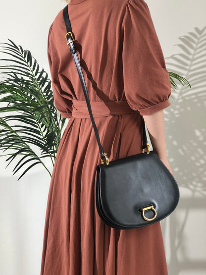 CELINE Gancini Leather Round Crossbody Shoulder bag Black Vintage 5ec6bk