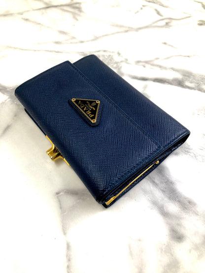 PRADA Triangle Logo Metal Clasp Leather Trifold Wallet Blue Vintage hdcmeb