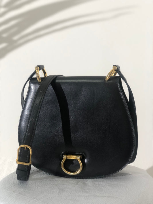CELINE Gancini Leather Round Crossbody Shoulder bag Black Vintage 5ec6bk