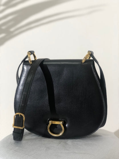 CELINE Gancini Leather Round Crossbody Shoulder bag Black Vintage 5ec6bk