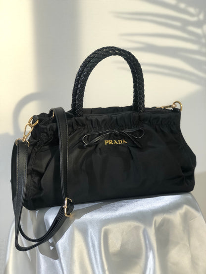 PRADA Logo Ribbon Nylon Leather Two-way Crossbody Shoulder bag Totebag Black Vintage c6kcye