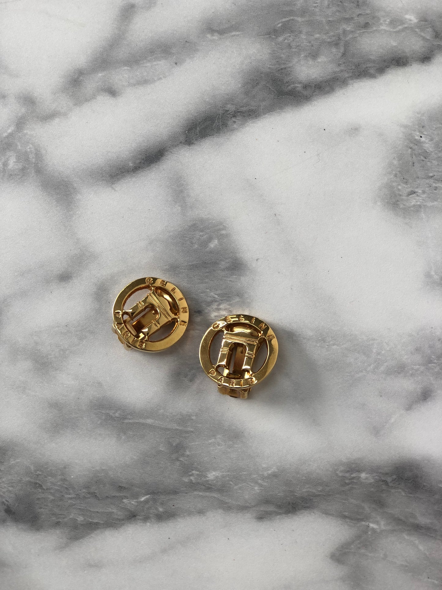 CELINE Circle Logo Earrings Gold Vintage 8rds48