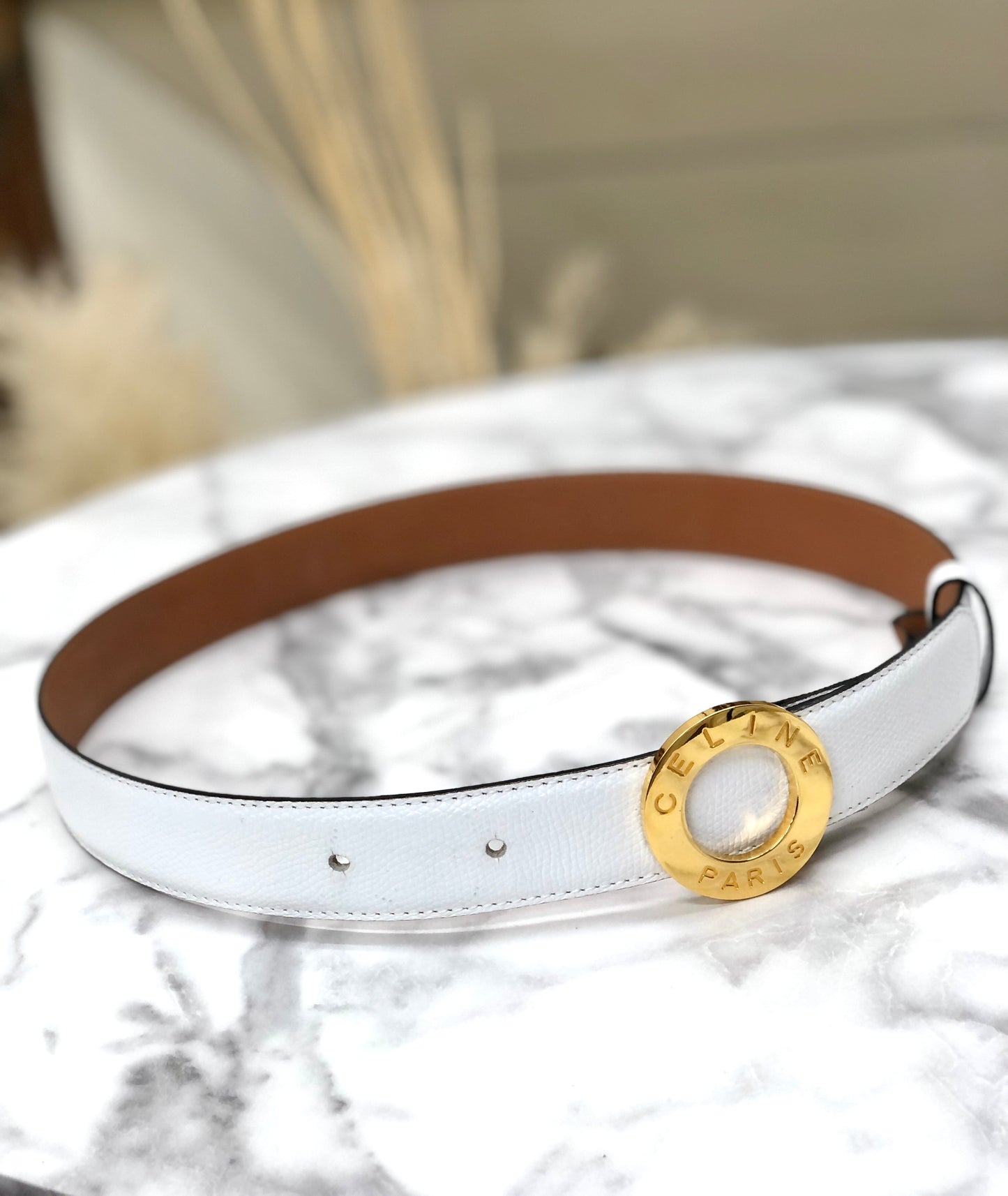 CELINE Circle Logo Leather Belt White Vintage 5absrf