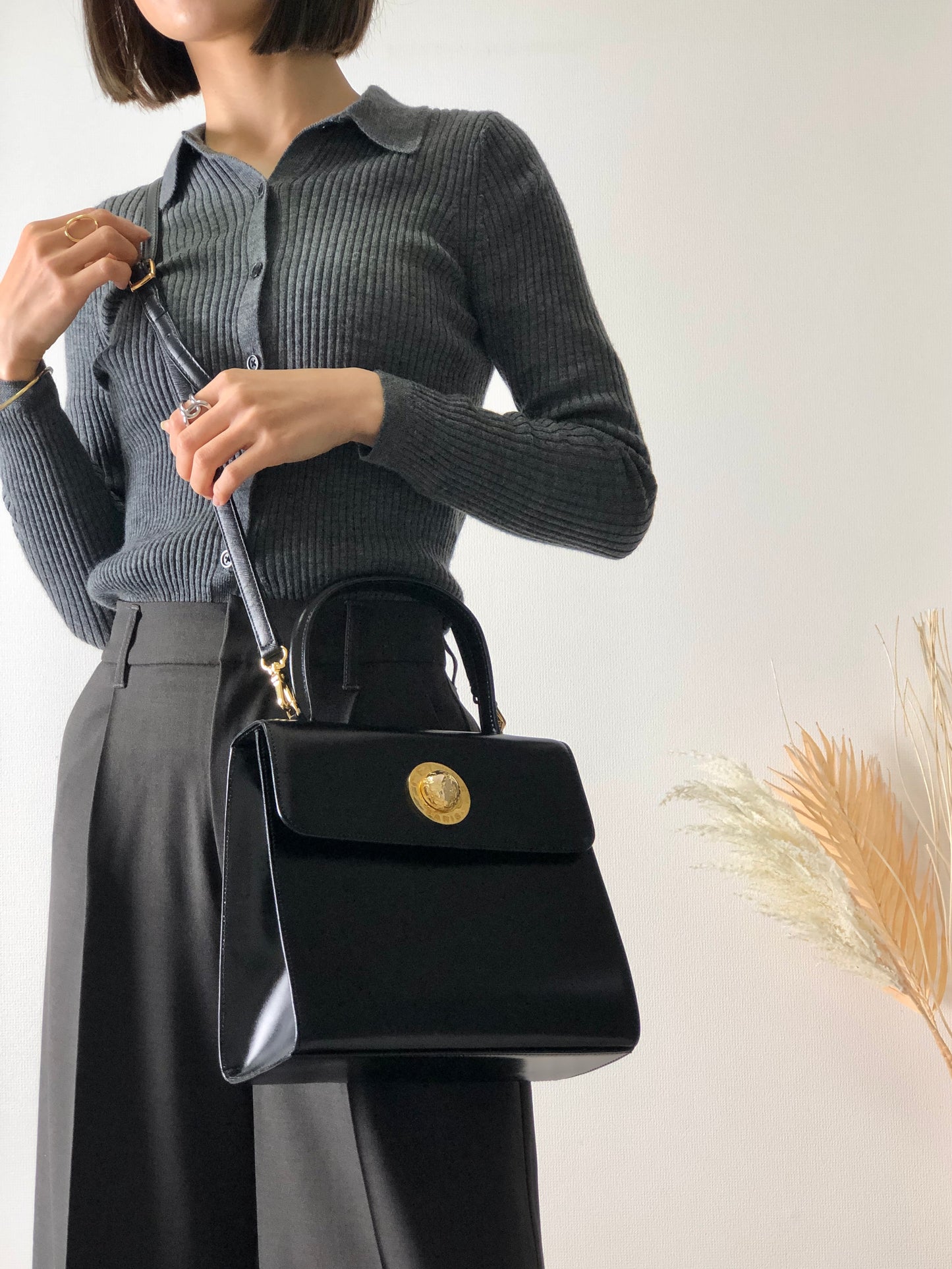 CELINE Starball Leather Two-way Handbag Shoulder bag Black Vintage zvnpgk