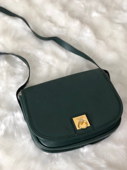 CELINE Gancini Flap Leather Shoulder bag Green Vintage mtmid2