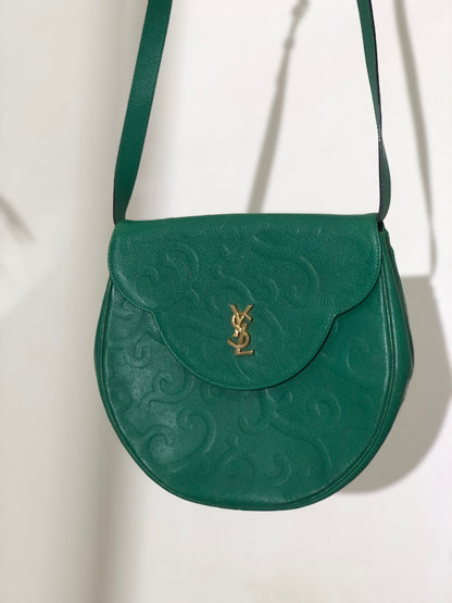 Yves Saint Laurent YSL Embossed Leather Crossbody Round Shoulder bag Green Vintage x7hcn4