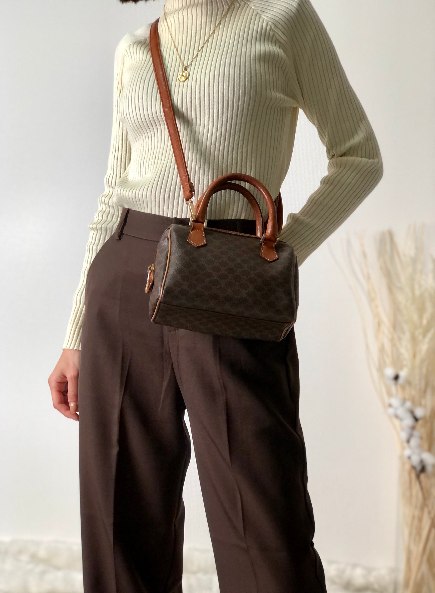 CELINE Macadam Two-way Handbag Shoulder bag Brown Vintage jj473f