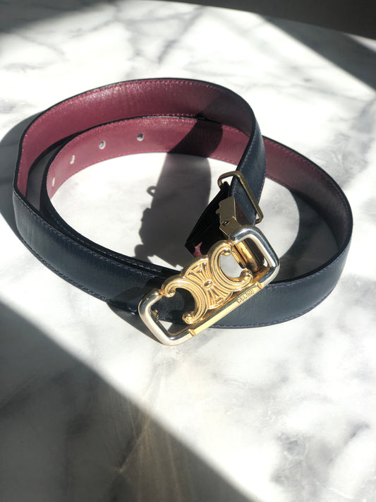 CELINE Triomphe Reversible Leather Belt Red Black Vintage gs88ny