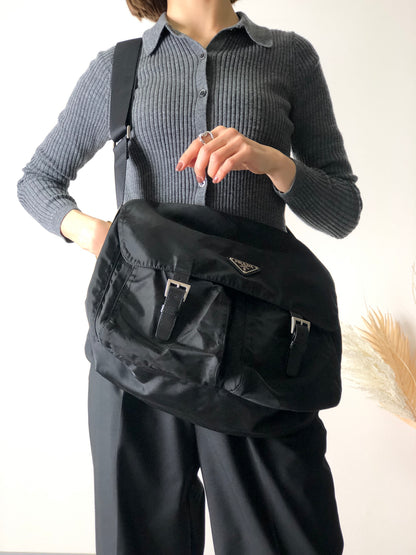 PRADA Triangle Logo Double Pocket Nylon Shoulder bag Black Vintage rnrirz