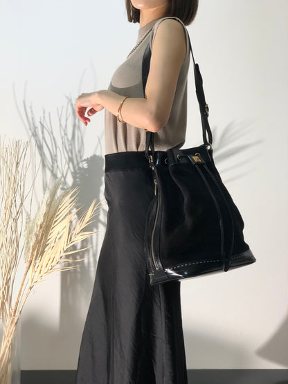 CELINE Gancini  Suede Leather Drawstring Shoulder bag Black Vintage swuscx