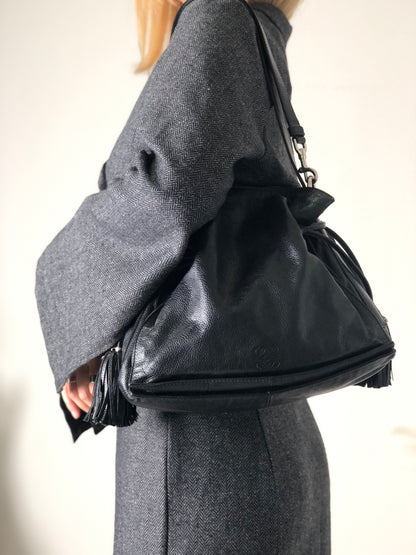 LOEWE Anagram Logo Motif Embossed Tassel Leather Drawstring Shoulder bag Black Vintage xpf265