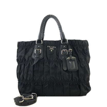 PRADA Logo Motif shirring Nylon Two-way Handbag Shoulder bag Black Vintage vbrtdm