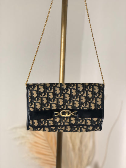 Christian Dior Trotter CD 標誌提花鏈單肩包 海軍藍 復古 5ku4iy