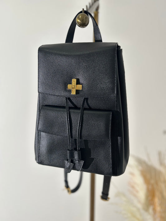 CELINE Turn Lock Leather Backpack Black Vintage y4kmst