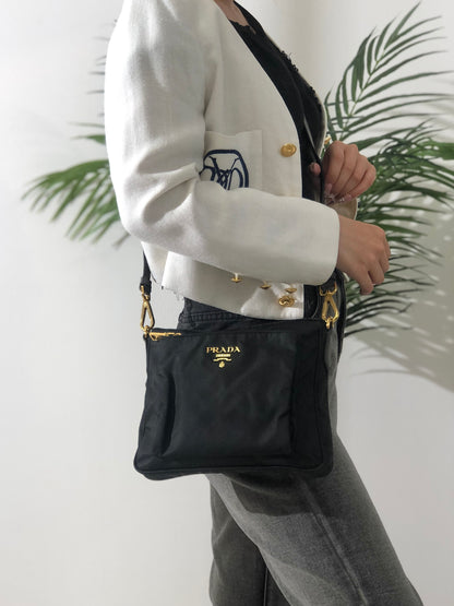 PRADA Logo Nylon Saffiano Leather Crossbody Shoulder bag Black Vintage eu2jv5