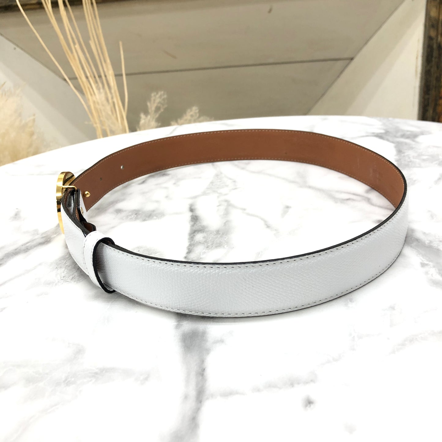 CELINE Circle Logo Leather Belt White Vintage 5absrf