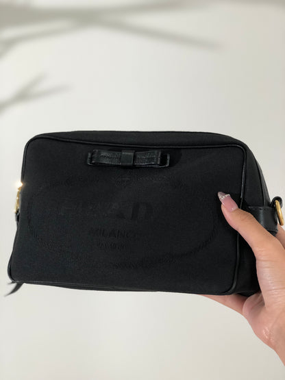PRADA Logo Ribbon Canvas Leather Crossbody Shoulder bag Black Vintage smkdzd