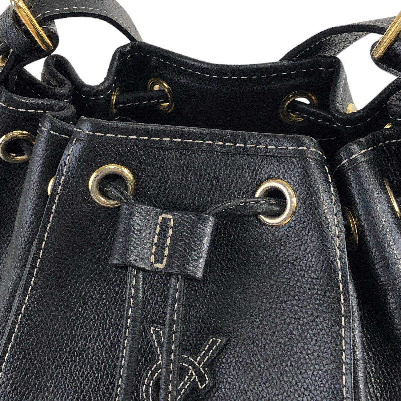 Yves Saint Laurent YSL Stitch Leather Drawstring Shoulder bag Black Vintage p3dh3i