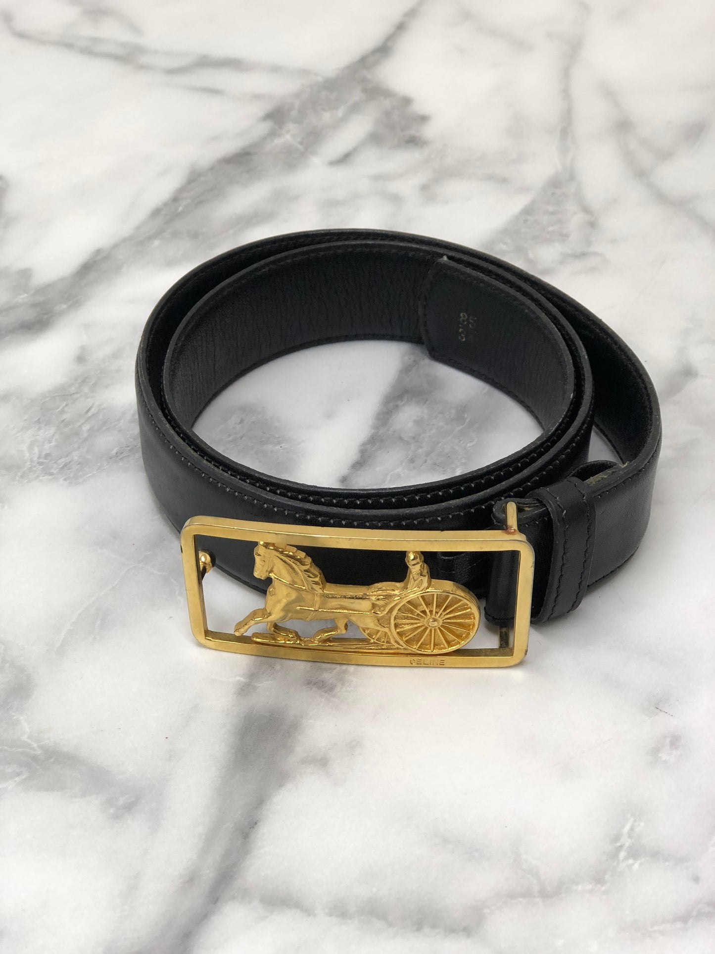 CELINE Horse Carriage  Leather Belt Black Gold Vintage r5nwjn