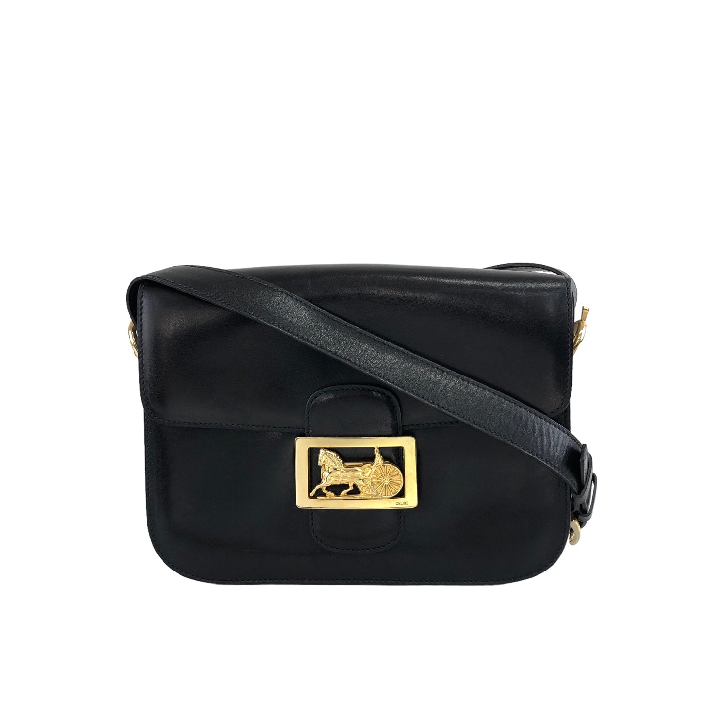 CELINE Horse Carriage Leather Shoulder bag Black Vintage w34jkd