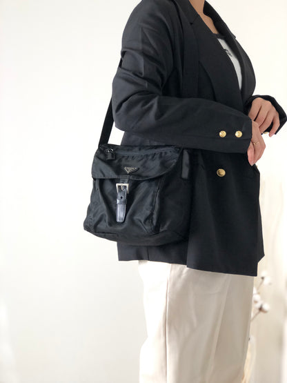 PRADA Triangle Logo Front Buckle Nylon Shoulder bag Black Vintage 3p6ky5