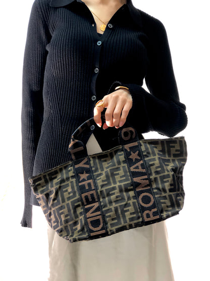 FENDI Zucca Logo Motif Jacquard Handbag Brown Vintage bczppj