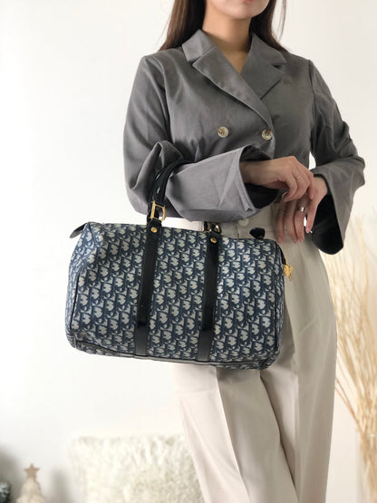 Christian Dior Trotter 掛鎖漆面手柄手提包波士頓包海軍藍復古 em4wmx 