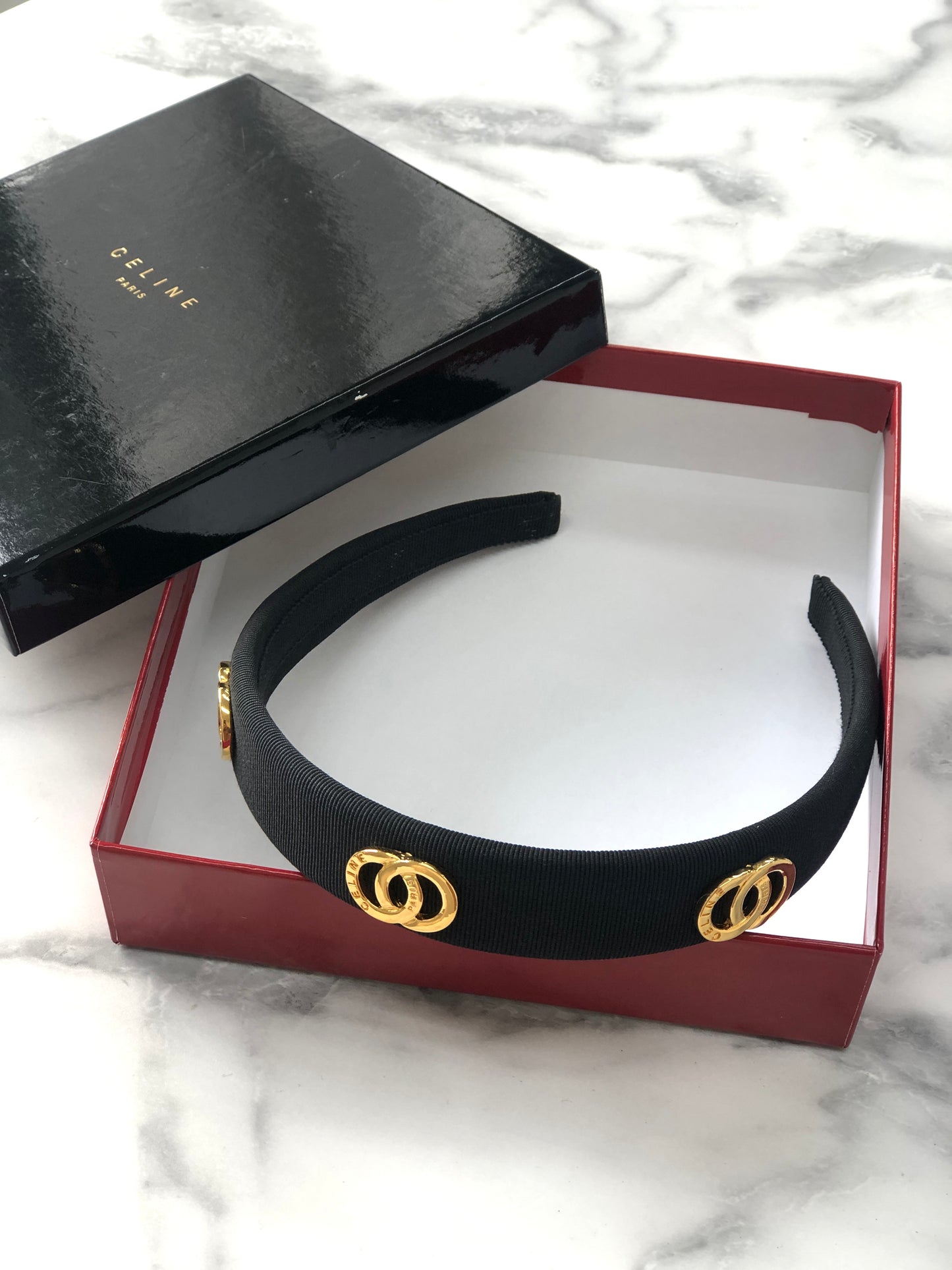 CELINE Circle Logo Fabric headband Black Vintage jfpgmz