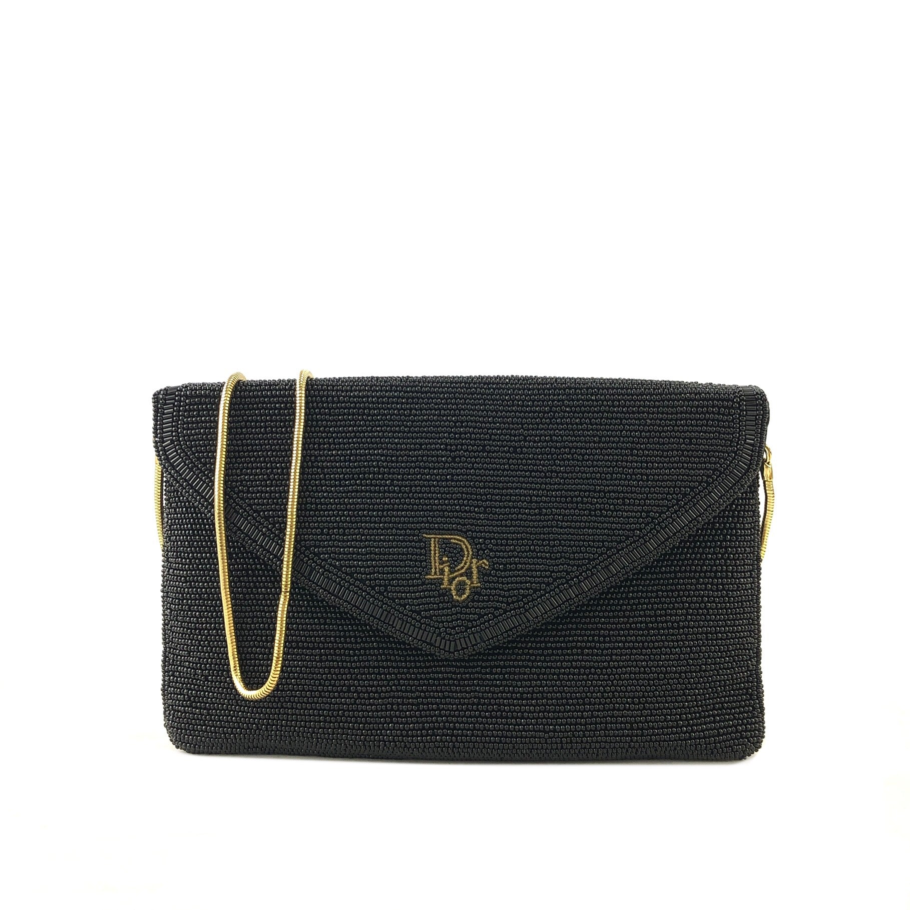 Christian Dior Vintage Black Leather Chain Strap Clutch Bag