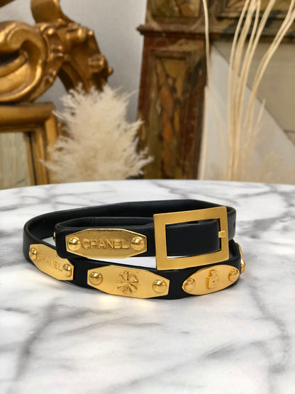 CHANEL Coco Mark Iconic Logo Motifs Leather Belt Black Gold Vintage 6u7wte