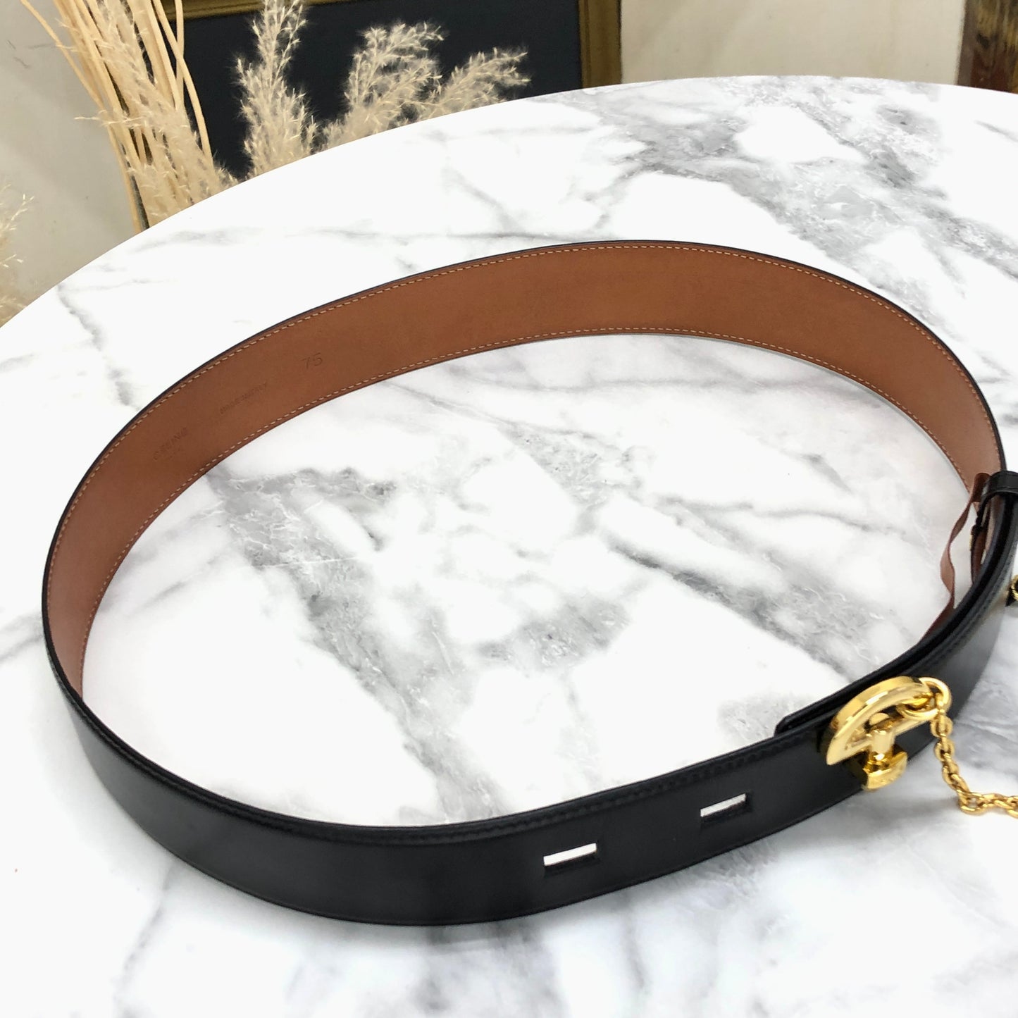 CELINE Horse Bit Chain Leather Belt Black Vintage uytb44