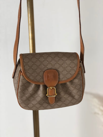 CELINE Macadam Blason Leather Shoulder bag Beige Vintage 78bcka
