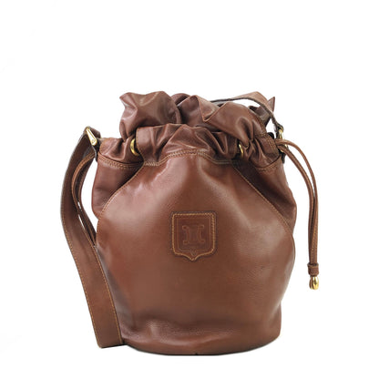 CELINE Blason 皮革抽繩單肩包 棕色 復古 2hgzv7 