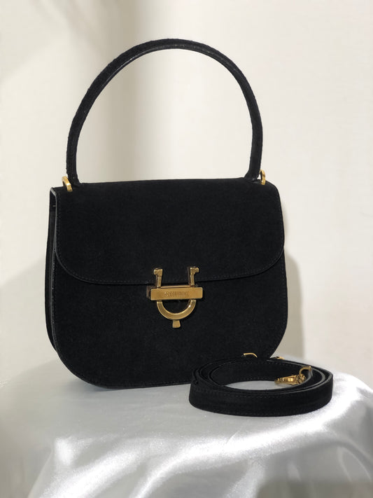 CELINE Horseshoe Suede Leather Two-way Handbag Shoulder bag Black Vintage 47tmub