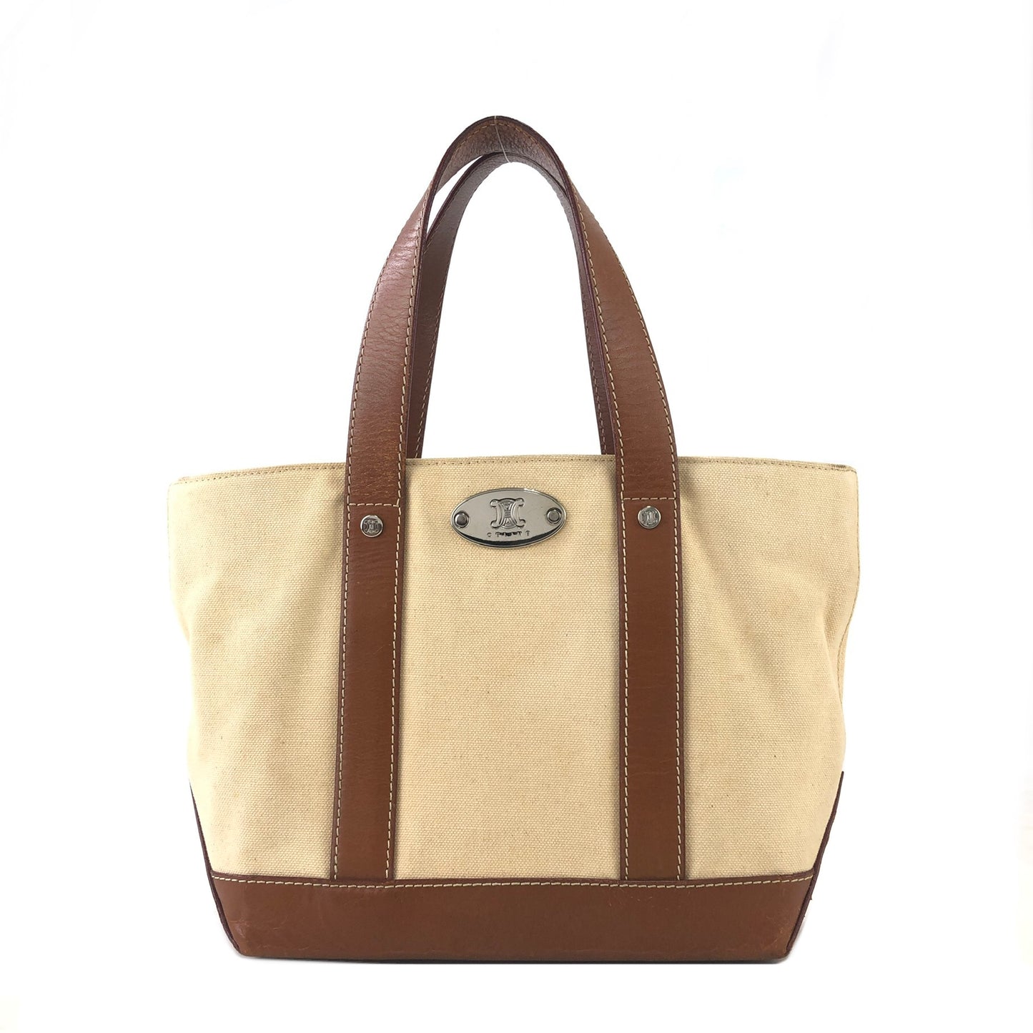 CELINE Blason Canvas Leather Handbag Totebag Beige Vintage ykeumx