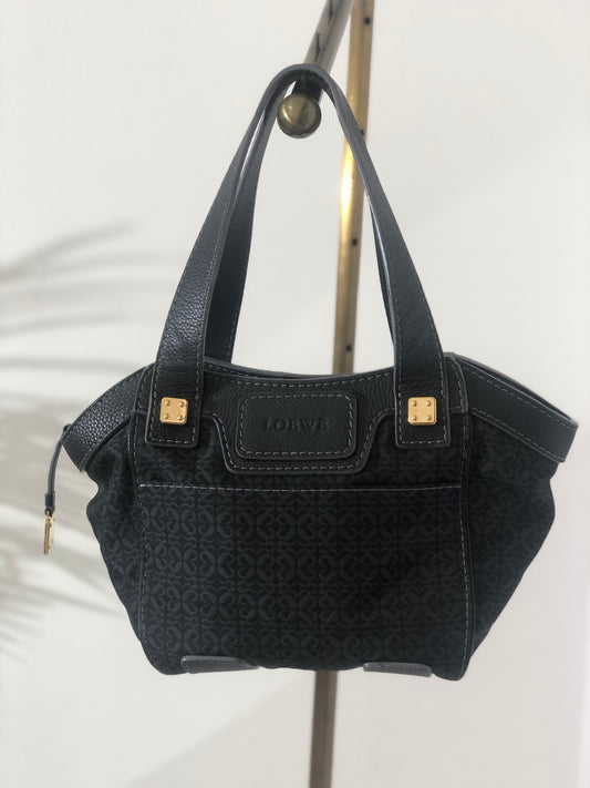 LOEWE Anagram Full Patterns Fabric Leather Handbag Totebag Black Vintage f4cjh3