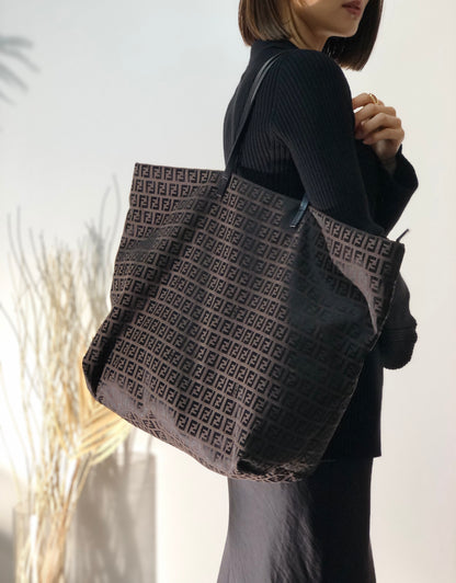 FENDI Zucchino  Canvas Handbag  Totebag Brown Vintage c343jc
