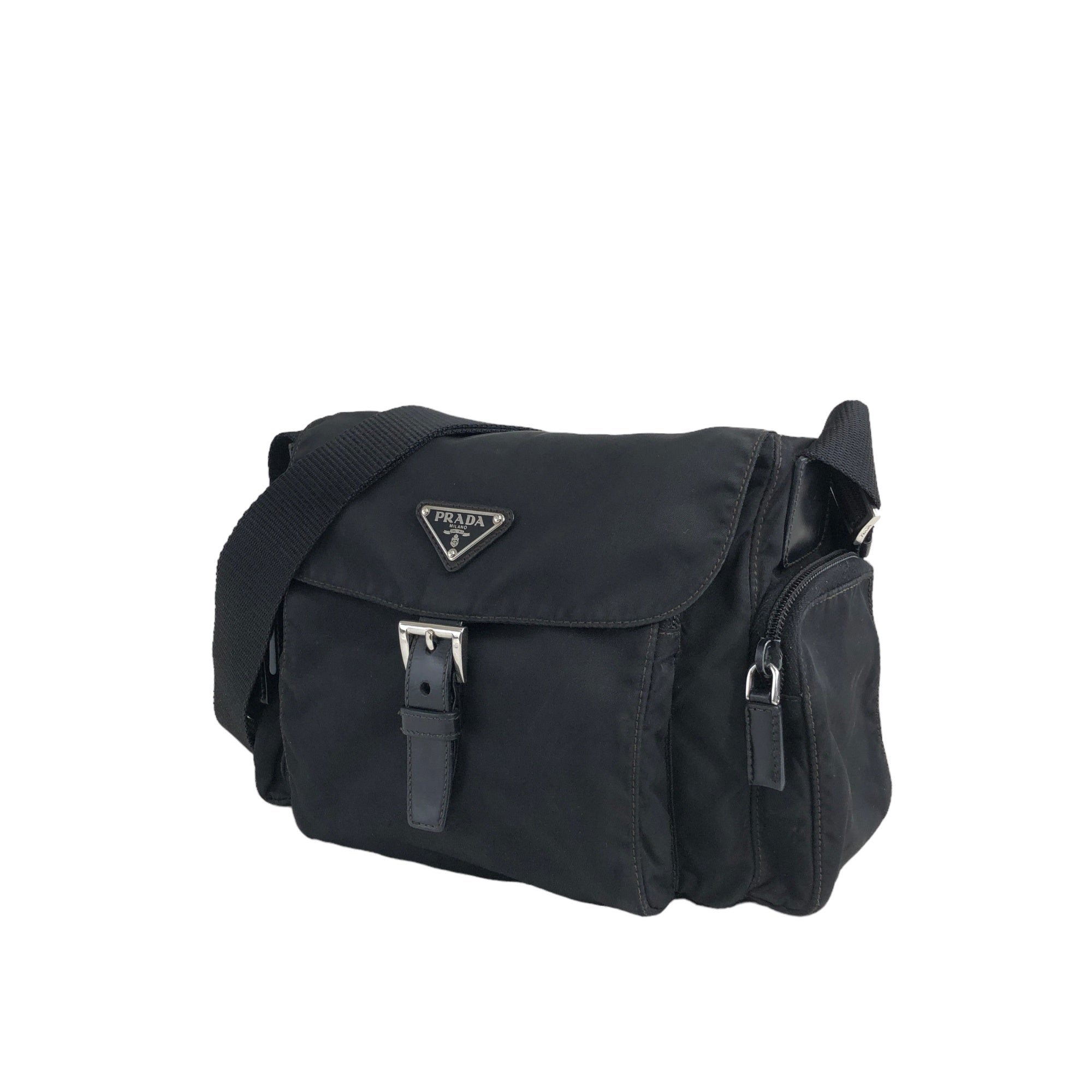 PRADA Triangle Logo Front Buckle Nylon Shoulder bag Black
