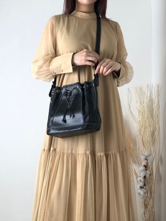 Yves Saint Laurent YSL Stitch Leather Drawstring Shoulder bag Black Vintage p3dh3i
