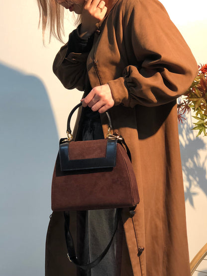 CELINE 圓形標誌絨面革兩用手提包單肩包棕色黑色復古 vxyndh 