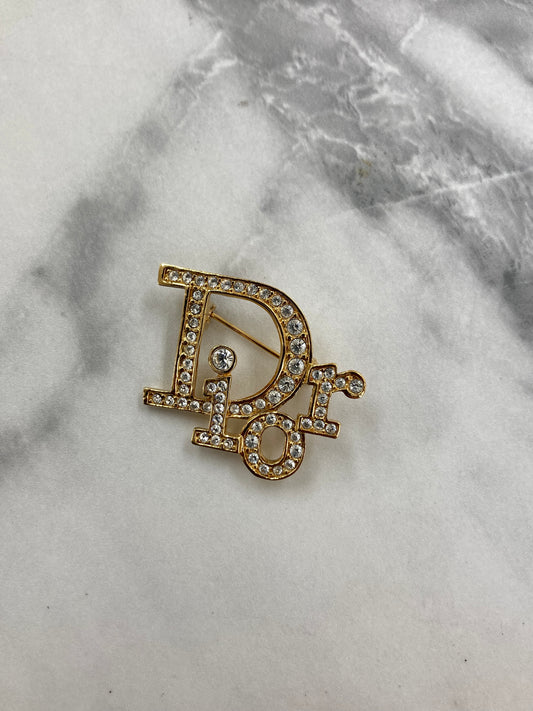 Christian Dior CD Logo Rhinestone Brooch Gold Vintage 2rmdvm
