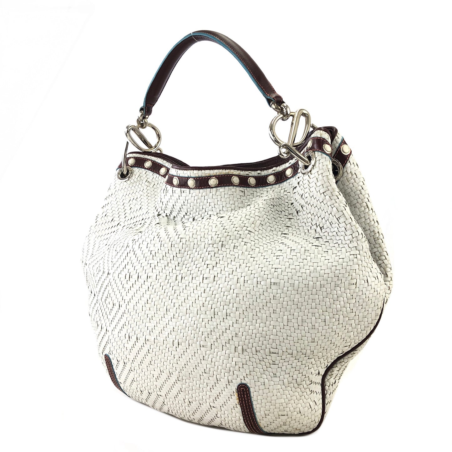 LOEWE Basket Weave Leather Handbag Hobobag White Vintage dzah7u