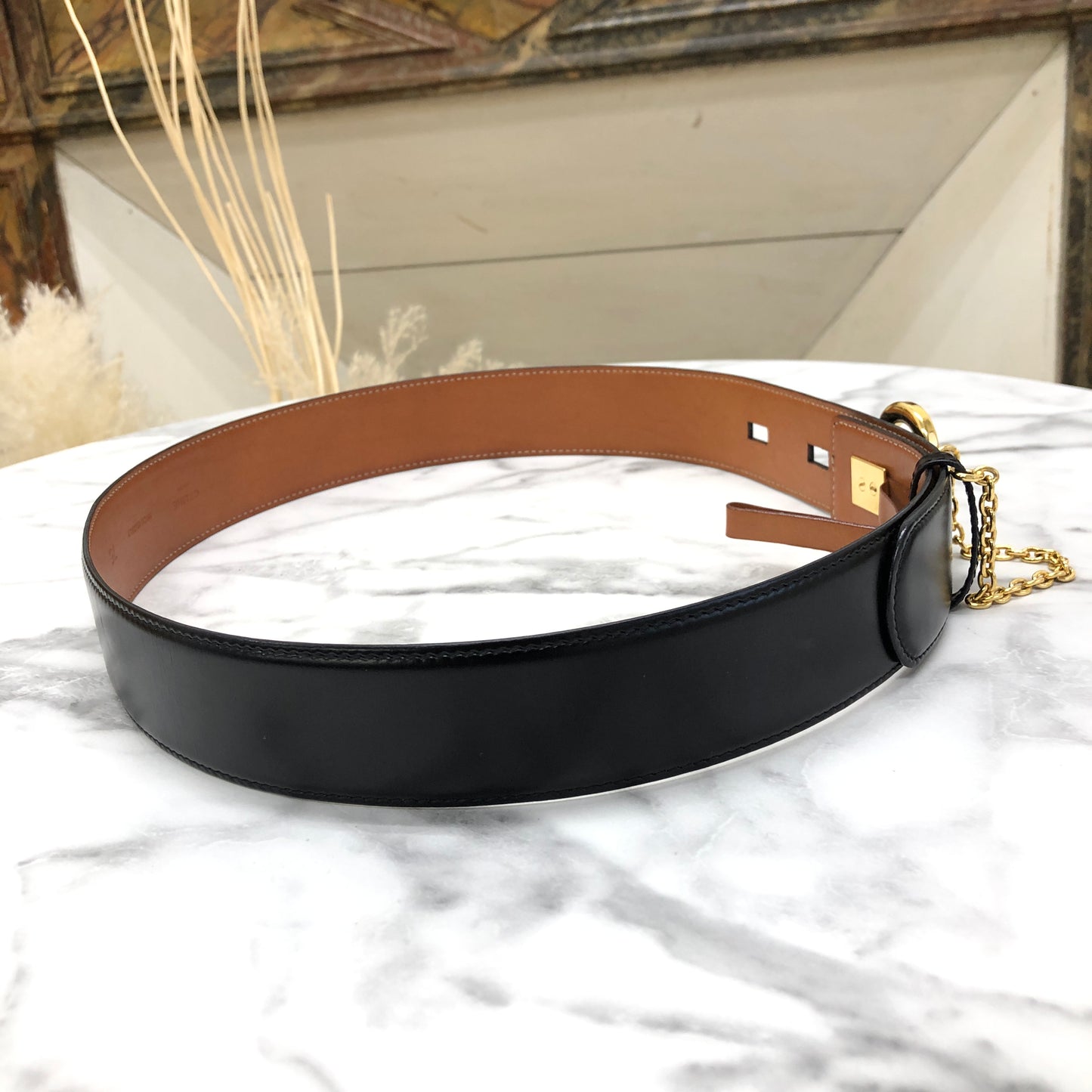 CELINE Horse Bit Chain Leather Belt Black Vintage uytb44