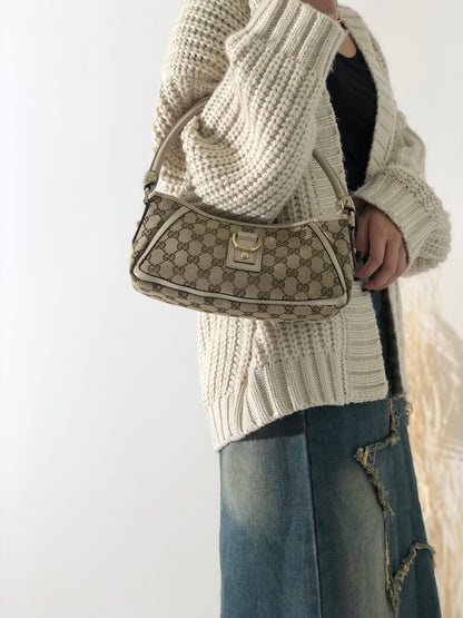 GUCCI GG Canvas Abbey Canvas Leather Handbag Hobobag Beige Vintage 4sabsd